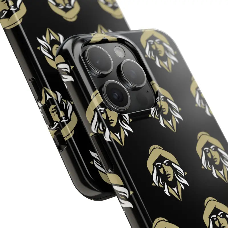 Black tough phone case featuring a gold figure pattern of a woman’s face design