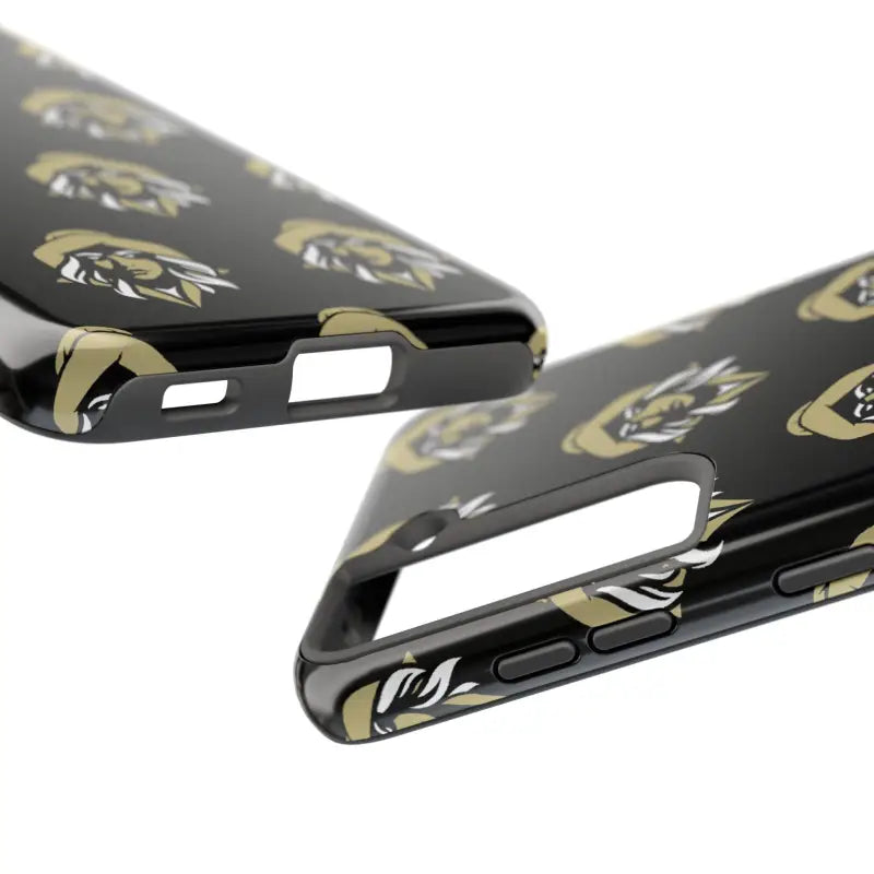 Black phone case featuring gold and white design in Skipper Lax Woman Face collection