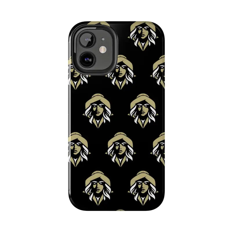 Black tough phone case featuring a gold woman pattern by Skipper Lax