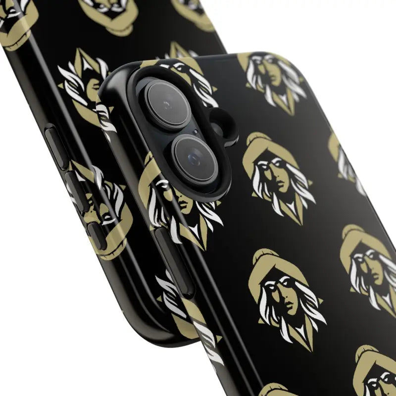 Black Tough Phone Case with Gold Figure Pattern featuring Woman Face Design by Skipper Lax