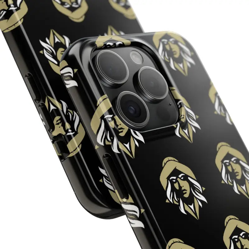 Black Tough Phone Case with gold and white woman face design pattern by Skipper Lax