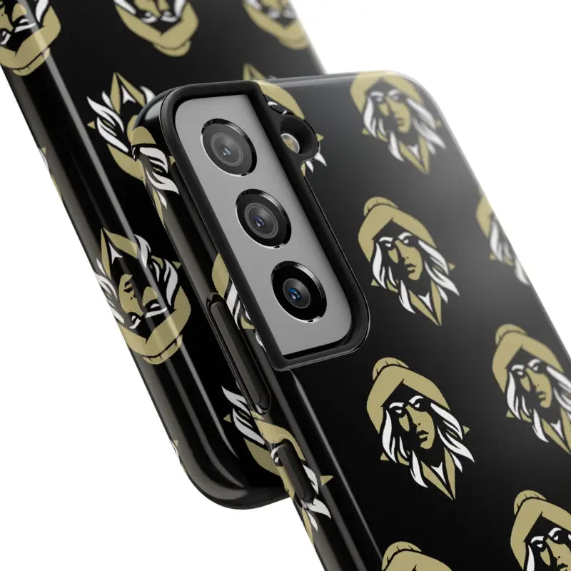 Black phone case featuring a gold figure pattern, Skipper Lax Tough design