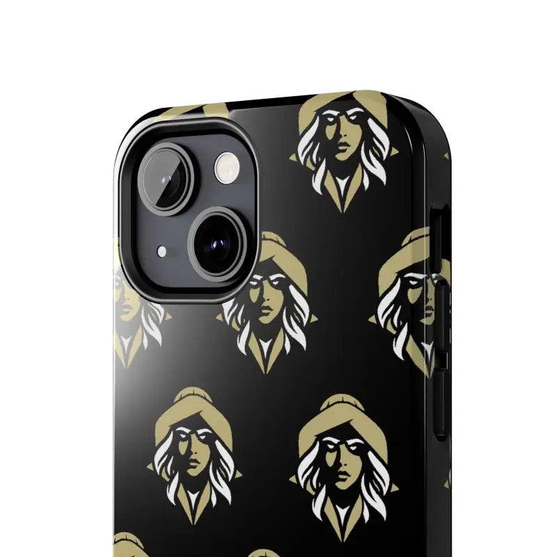 Black tough phone case featuring elegant gold woman pattern by Skipper Lax