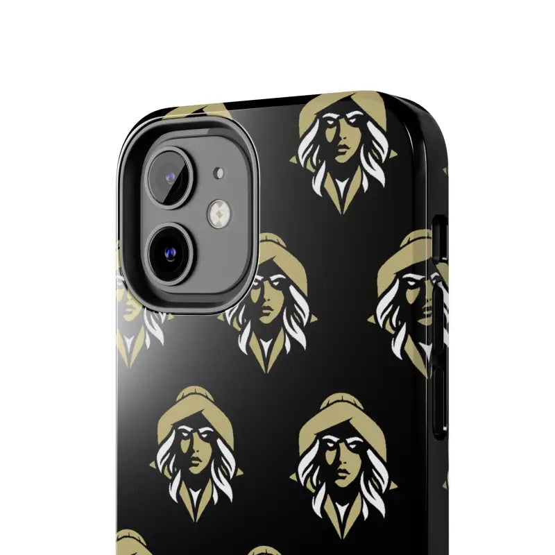Black phone case featuring gold woman pattern from Skipper Lax Tough Phone Case