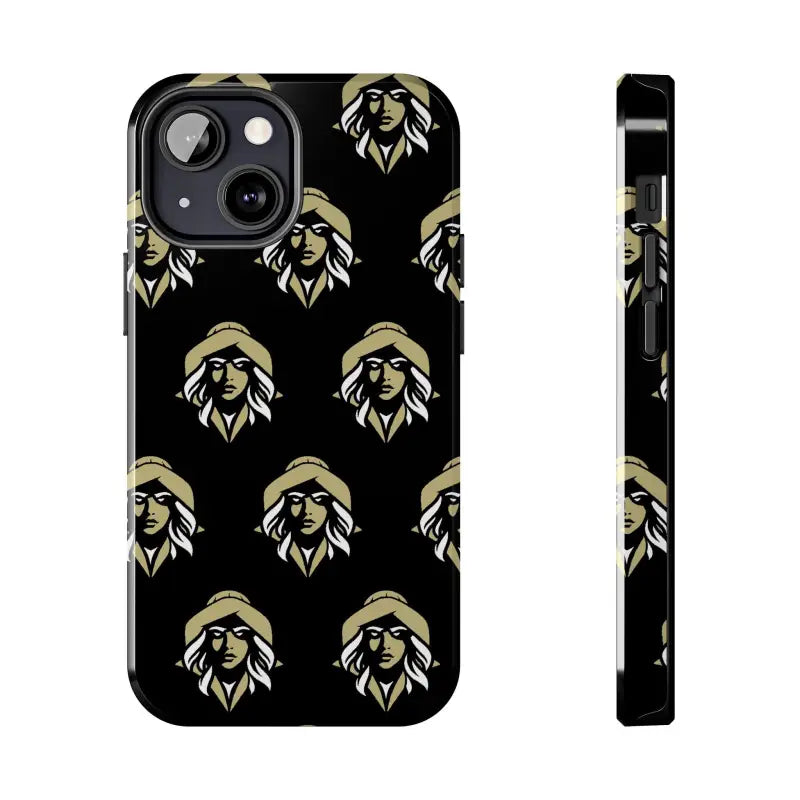 Black phone case featuring a repeated woman’s head design from Skipper Lax
