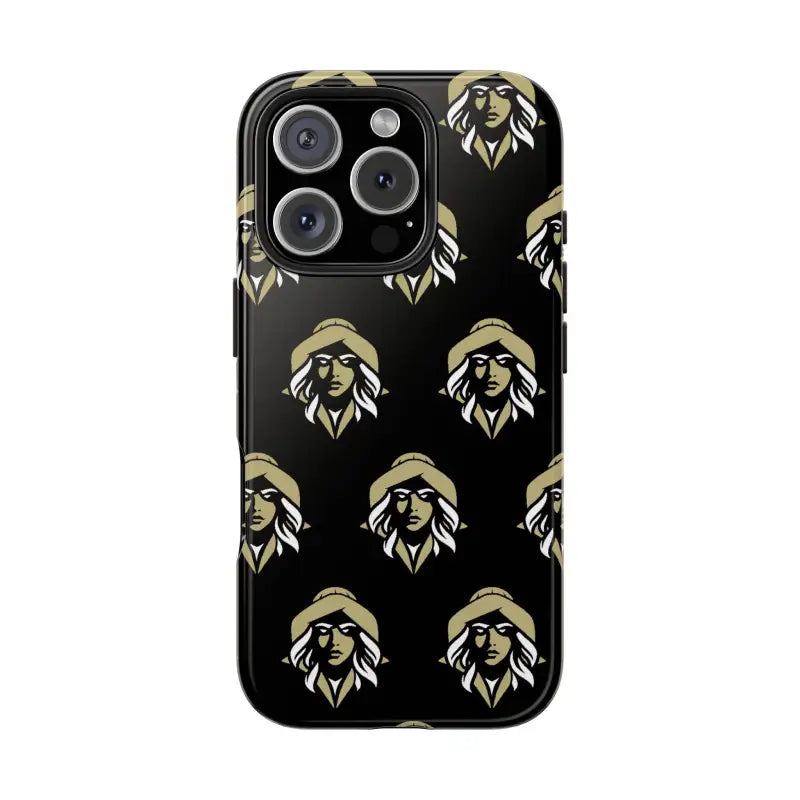 Black phone case featuring a repeating woman’s face pattern from Skipper Lax design
