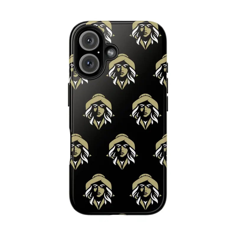 Black Tough Phone Case featuring a repeating woman’s face pattern by Skipper Lax