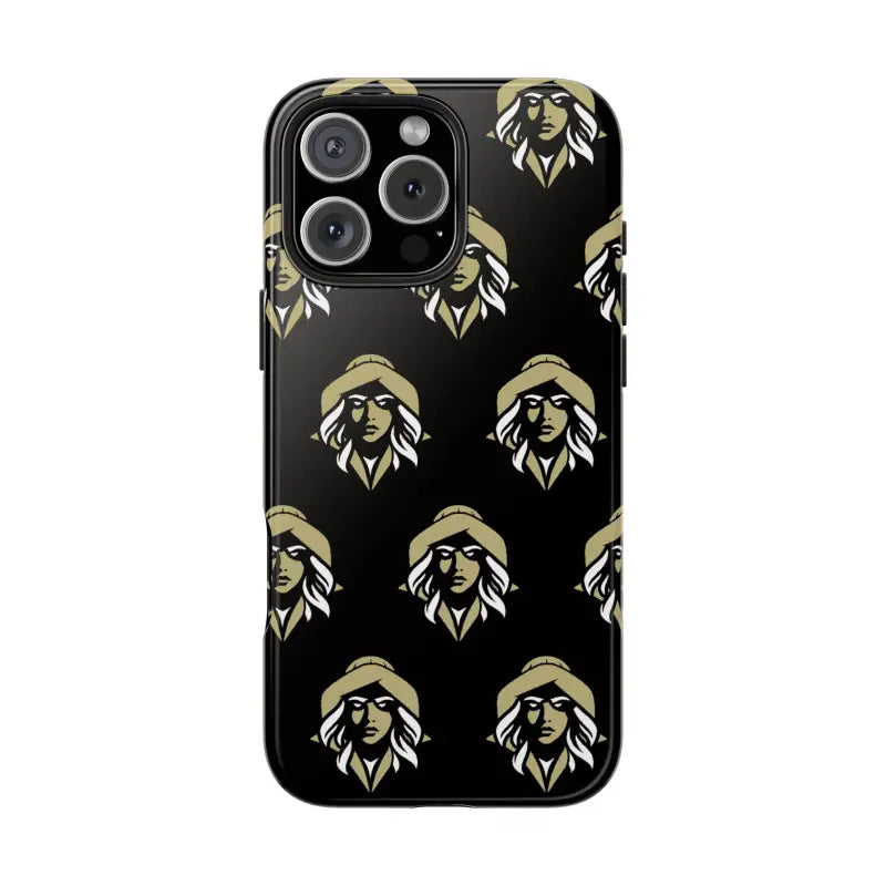 Black phone case featuring a woman’s face pattern from Skipper Lax design