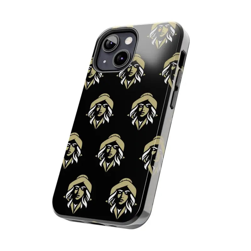Black iPhone case with repeated woman face design from Skipper Lax brand