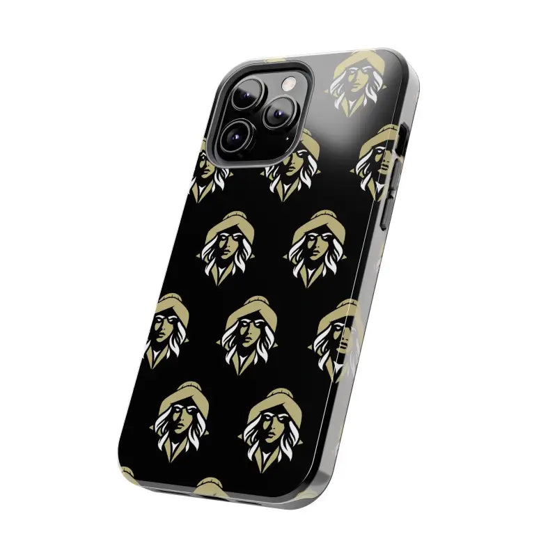 Black iPhone case featuring a repeating woman’s face pattern from Skipper Lax collection