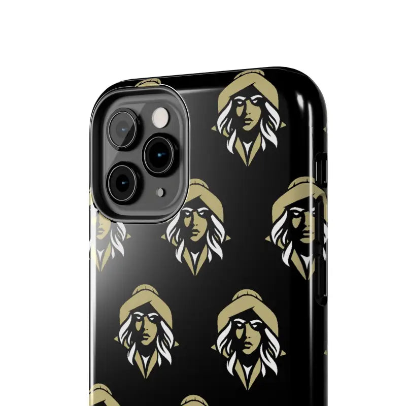 Black iPhone case featuring golden figure pattern from Skipper Lax Woman Face Design