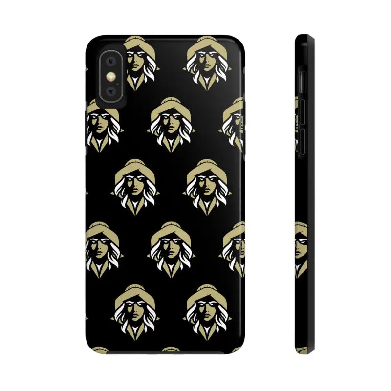 Black phone case featuring a repeated woman’s face design by Skipper Lax