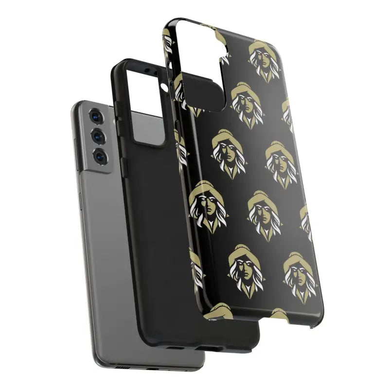 Phone with layered case featuring Skipper Lax Black Tough Phone Case design