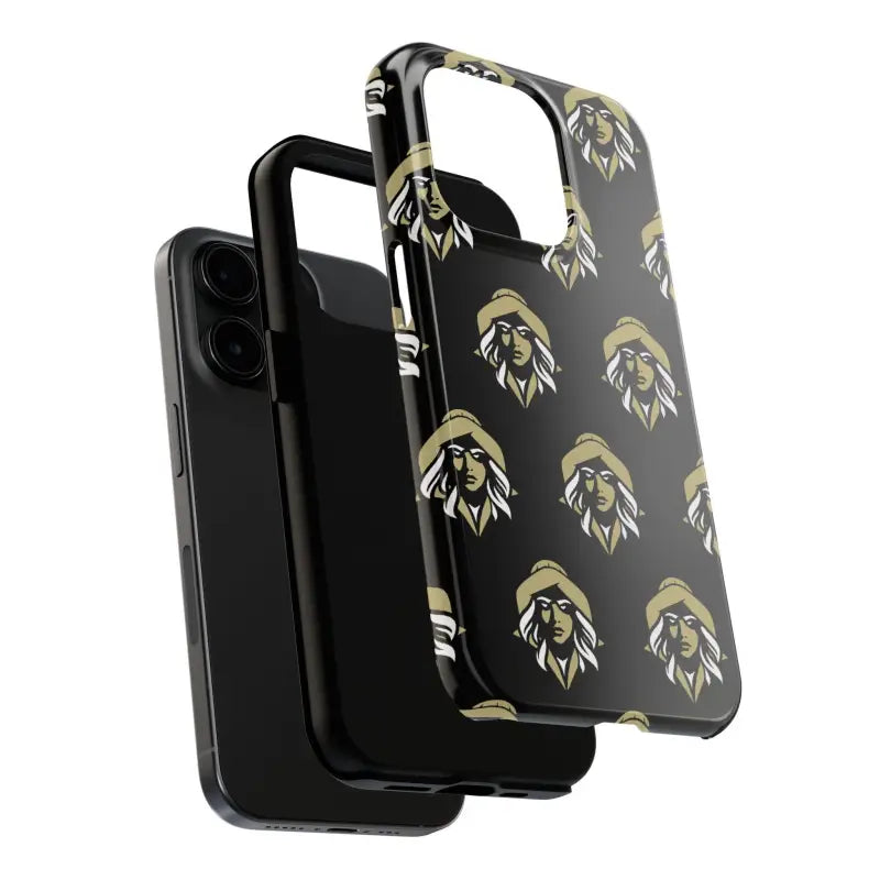 Black phone case featuring a patterned cover and Woman Face design by Skipper Lax