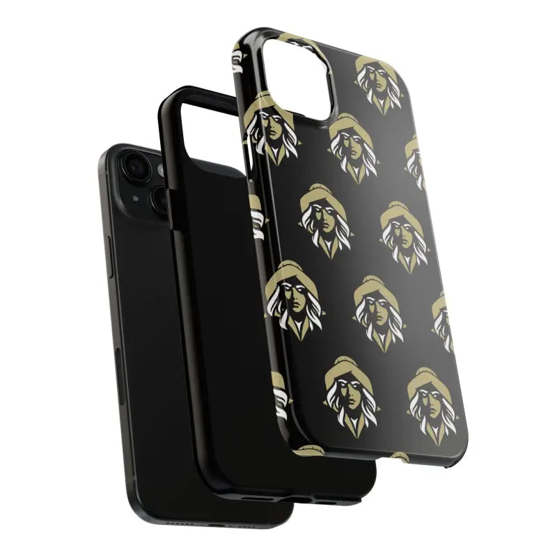 Black phone case with patterned design from Skipper Lax featuring woman’s face artwork