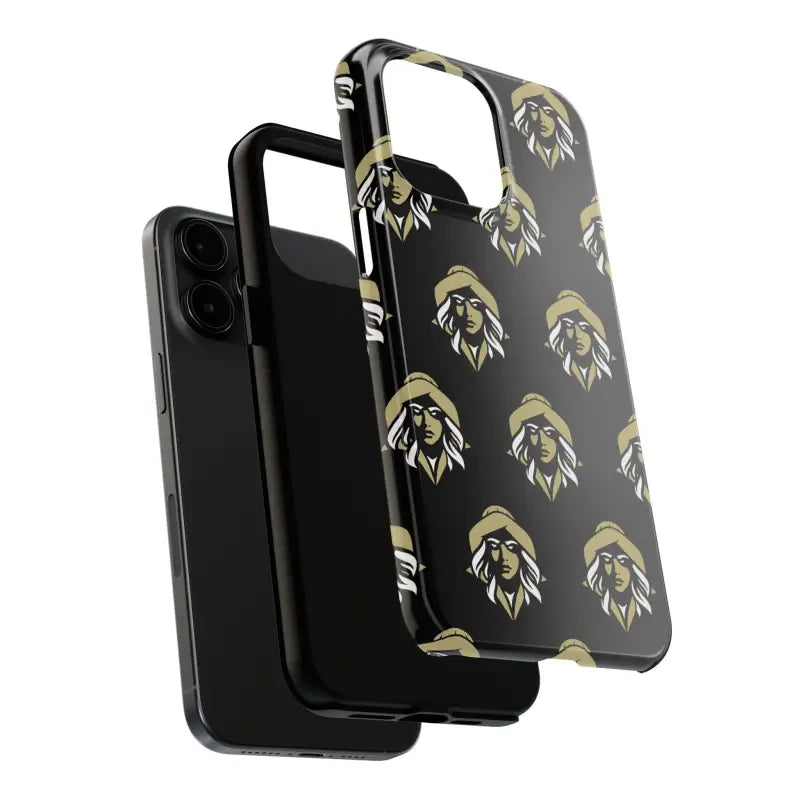 Black phone case with a patterned design from Skipper Lax featuring a woman’s face