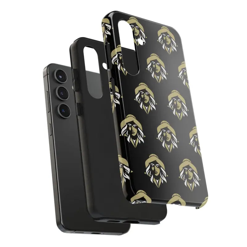 Black phone featuring Skipper Lax Tough Case with Woman Face Design and patterned style