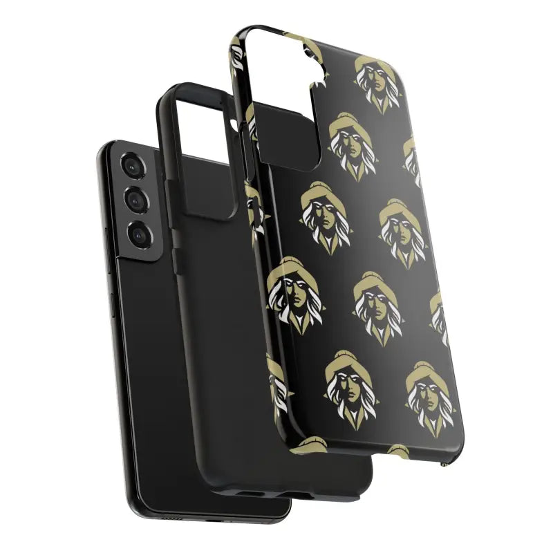 Black phone with patterned case in Skipper Lax Black Tough Phone Case featuring woman face design