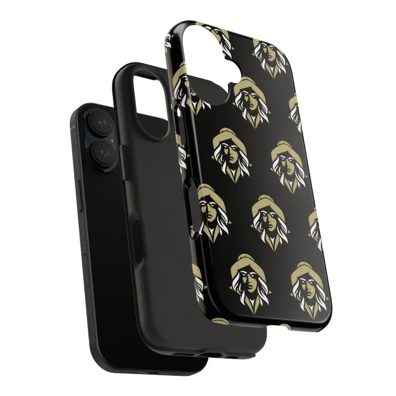 Black tough phone case featuring a woman face design and intricate patterned design