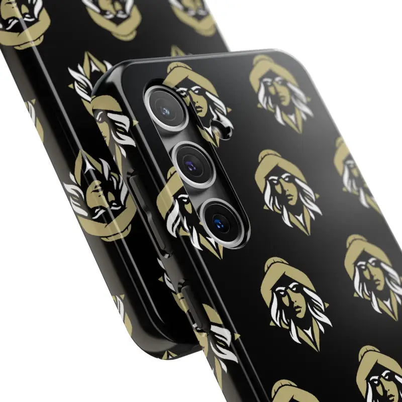 Black tough phone case featuring repeated woman’s head design for Skipper Lax