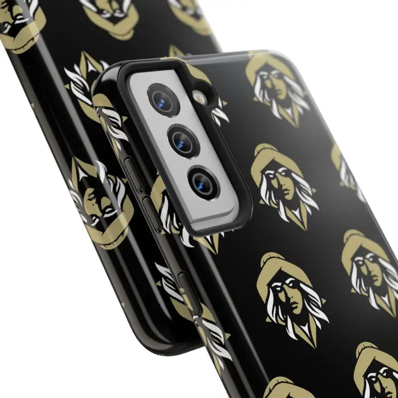 Black phone case featuring repeated woman face design, Skipper Lax Tough Phone Case