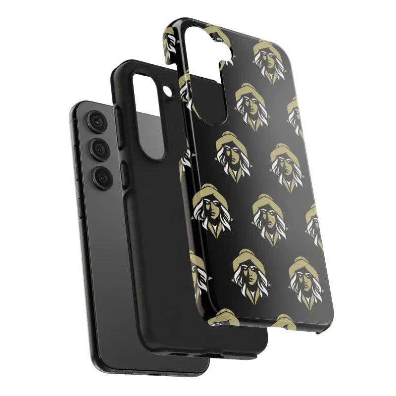 Black tough phone case featuring a repeated woman’s face pattern from Skipper Lax