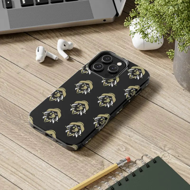 Black phone case featuring repeated logo of Skipper Lax with woman face design
