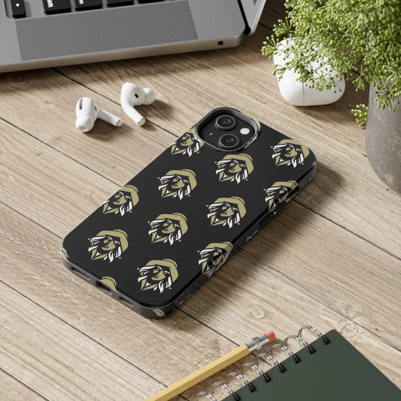Black phone case featuring repeated logo from Skipper Lax with woman face design