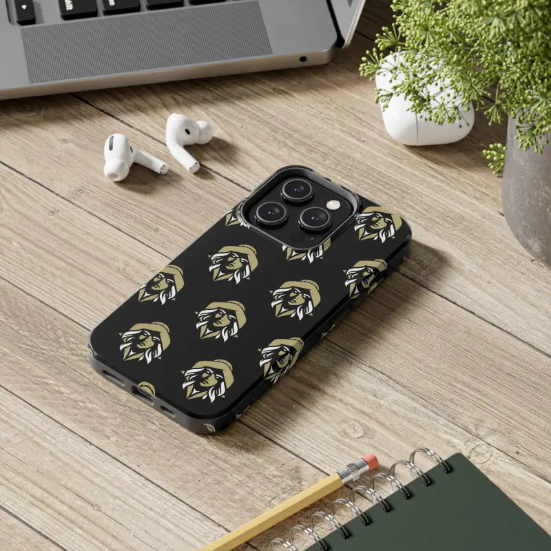 Black tough phone case featuring a repeated logo and woman face design by Skipper Lax