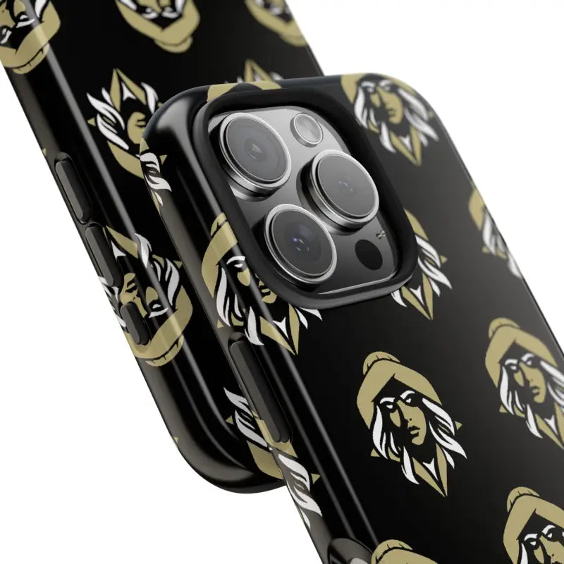 Black Tough Phone Case featuring a repeated figure pattern of a woman’s face design