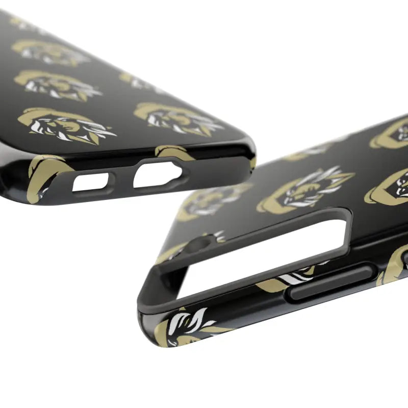 Black phone case featuring repeated logo from Skipper Lax with woman face design