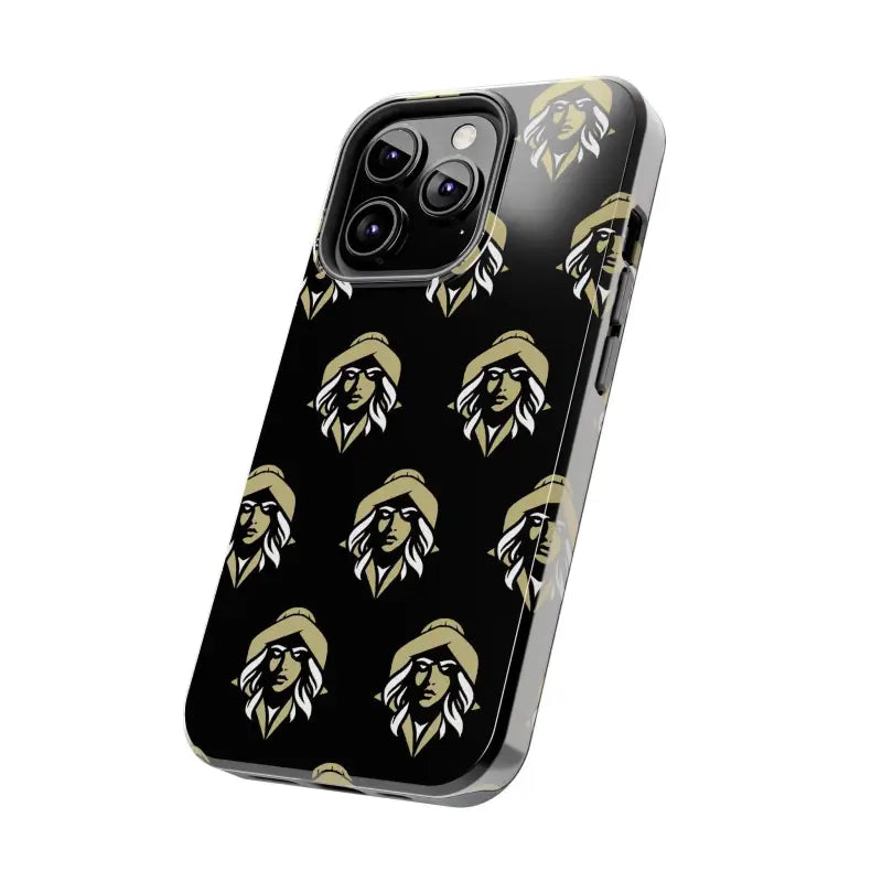 Black phone case featuring repeated woman’s face design, Skipper Lax Tough Case