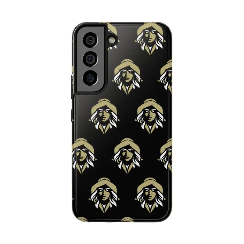 Black phone case featuring a repeating woman’s face pattern in Skipper Lax design