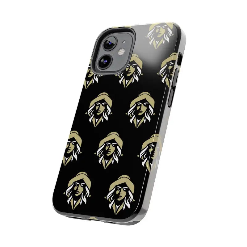 Black tough phone case featuring woman’s face pattern from Skipper Lax design