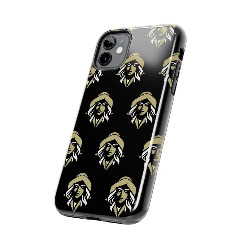 Stylish black phone case featuring a repeating woman’s face design by Skipper Lax