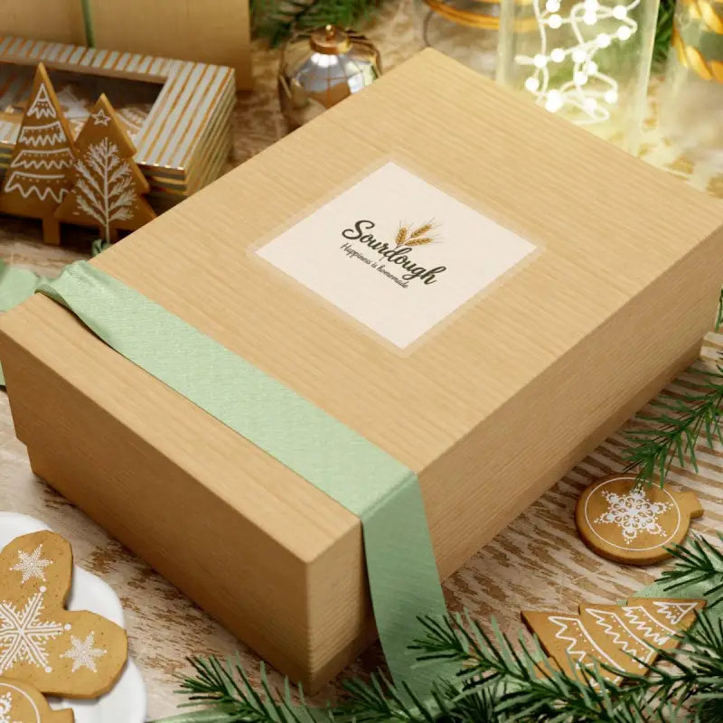Sourdough gift box adorned with a green ribbon, featuring Sourdough Bakery Sticker