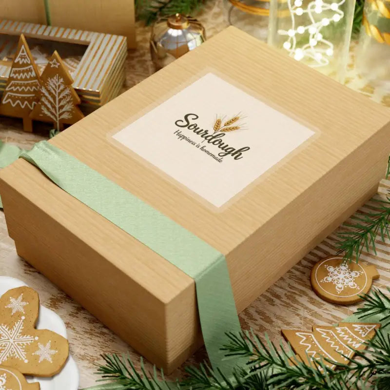 Sourdough gift box tied with ribbon, paired with Sourdough Bakery Sticker featuring wheat graphic