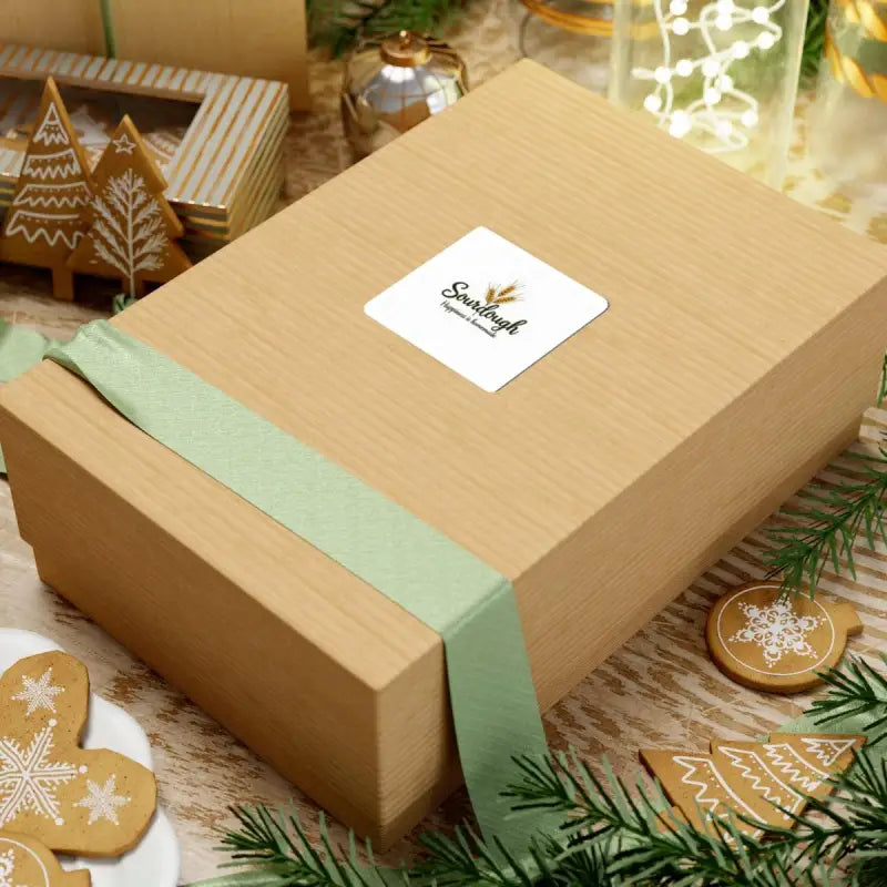 Wrapped gift box featuring Sourdough Bakery Sticker with Wheat Graphic design