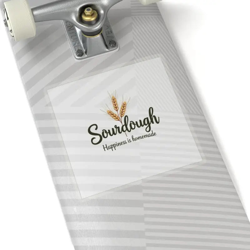 Skateboard featuring Sourdough Bakery sticker with wheat graphic design