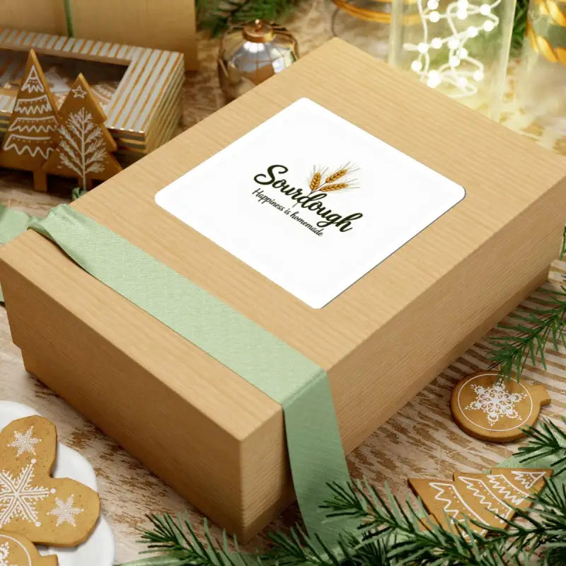 Tan gift box with green ribbon for Sourdough Bakery Sticker featuring wheat graphic
