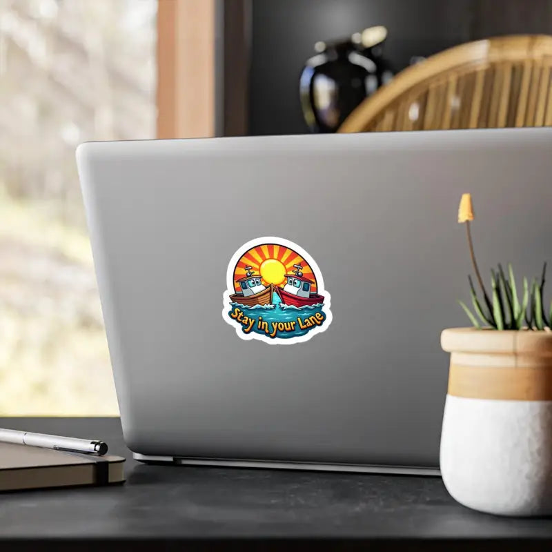 Laptop sticker featuring boats and sun for Stay In Your Lane Sticker For Boat And Car