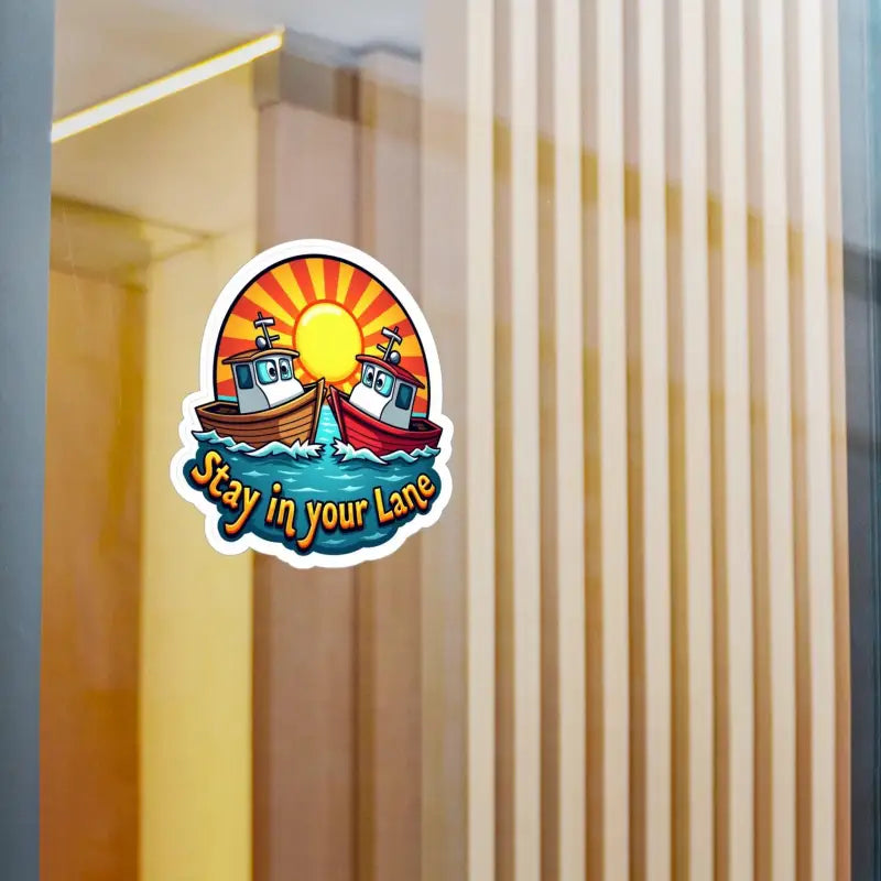 Stay In Your Lane sticker featuring two boats and a sun, ideal for boats and cars