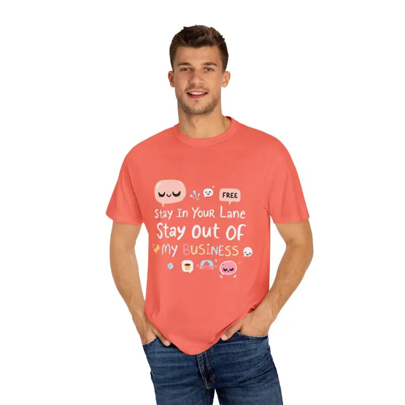 Coral t-shirt featuring cartoon graphics from Stay Out Of My Business collection