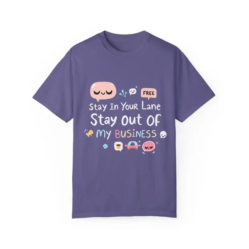Purple Stay Out Of My Business Unisex T-shirt featuring playful cartoon graphics