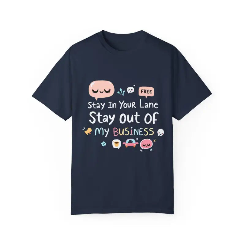 Navy blue Stay Out Of My Business unisex t-shirt featuring cartoon graphic design