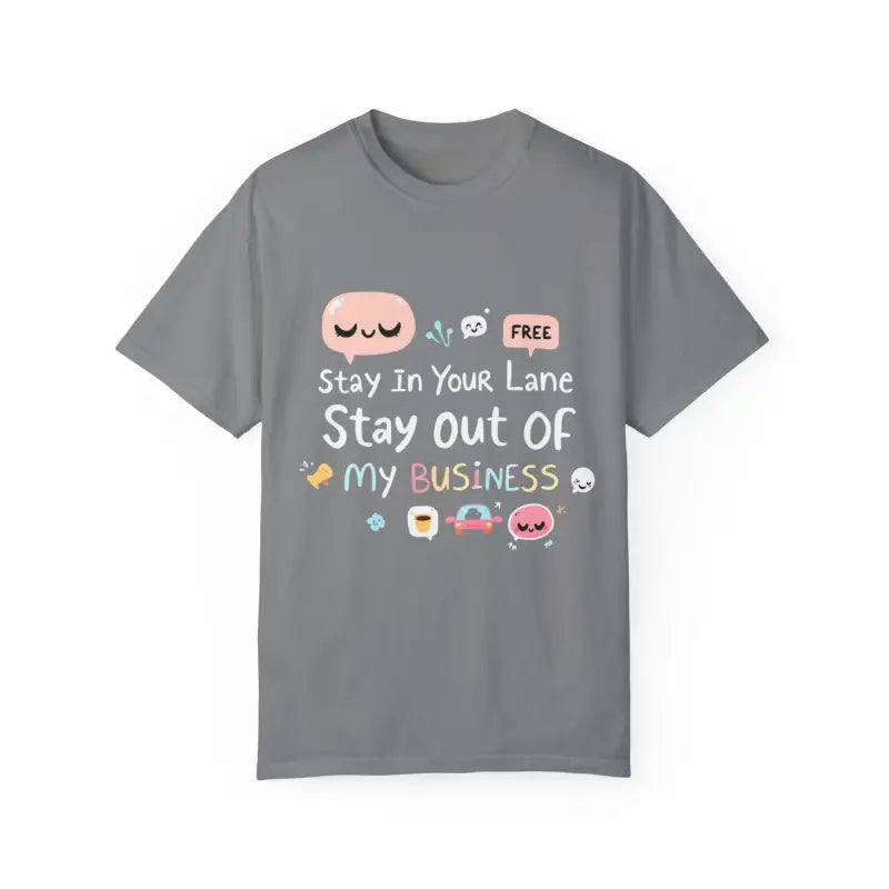 Gray t-shirt featuring cartoon graphics from Stay Out Of My Business collection