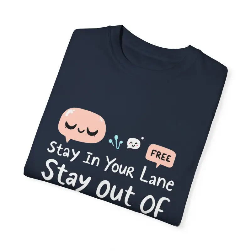 Folded dark blue Stay Out Of My Business Unisex T-shirt with cartoon graphics