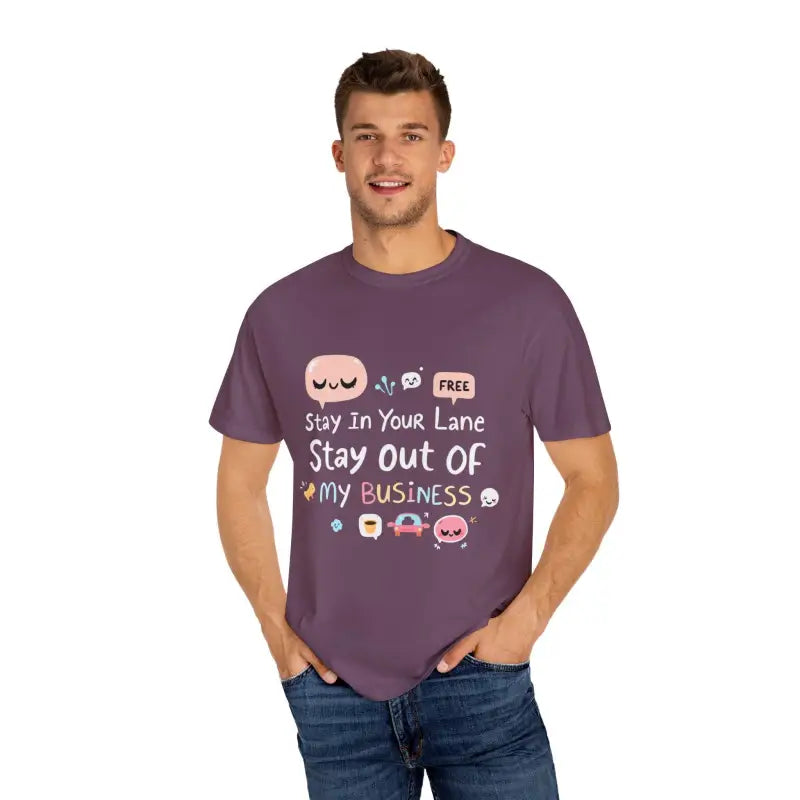Stay Out Of My Business Unisex Garment Dyed T-Shirt with cartoon graphics design