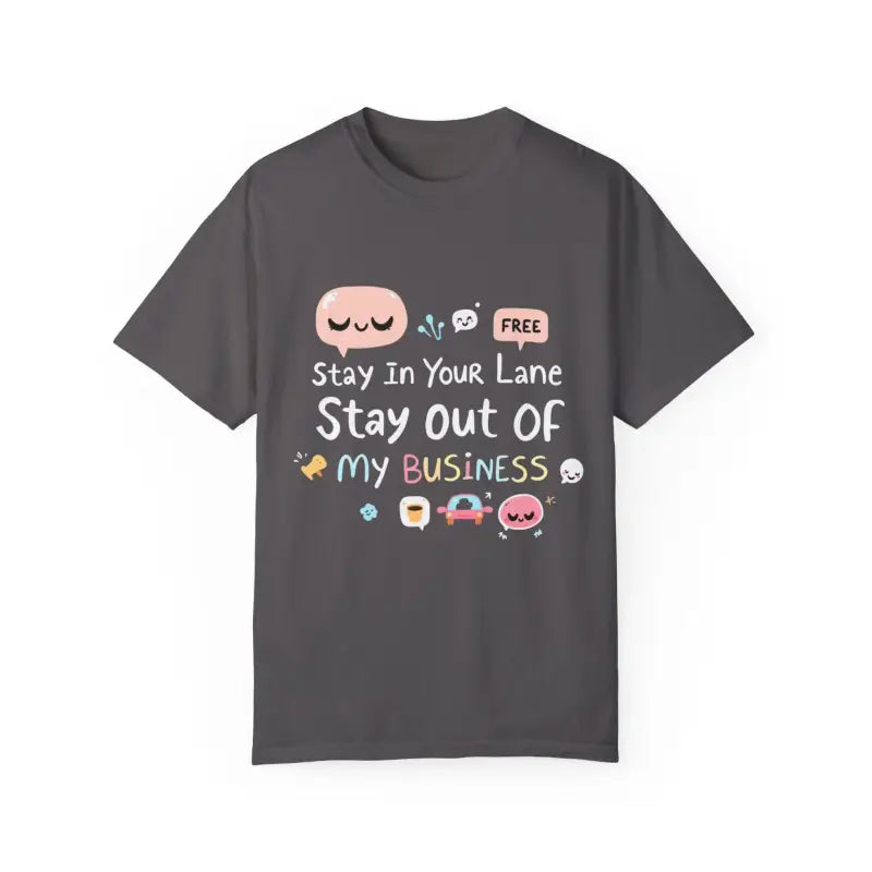 Gray unisex garment dyed t-shirt featuring cartoon graphics and Stay Out Of My Business design