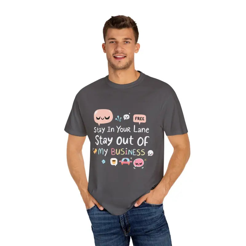 Gray graphic t-shirt featuring cartoon graphics from Stay Out Of My Business collection
